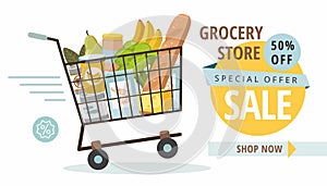 Grocery food store with shopping basket. Promotional sale banner.