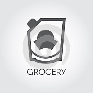Grocery glyph icon. Mayonnaise, ketchup, doypack or mustard flat label. Food series button. Vector illustration