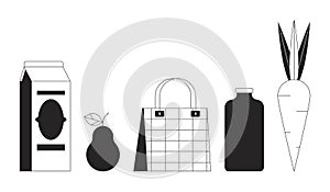 Grocery goods black and white 2D line cartoon objects set