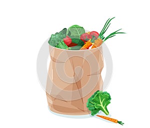 Grocery healthy food vector background. Organic vegetables and fruits in paper bag isolated on white. Natural shopping