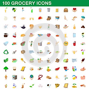 100 grocery icons set, cartoon style