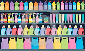 Grocery items, cleaning products bottles and packages on the supermarket store shelves flat cartoon vector illustration. Backgroun