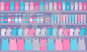 Grocery items, cleaning products bottles and packages on the supermarket store shelves flat cartoon vector illustration. Backgroun