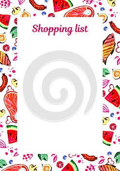Grocery list template with watercolor illustration of assorted fruits. Design for print notebooks and daily planners