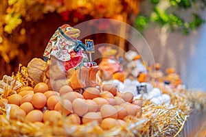 Grocery market in Barcelona. Chicken Egg Counter decorated in a rustic style. Selective focus.