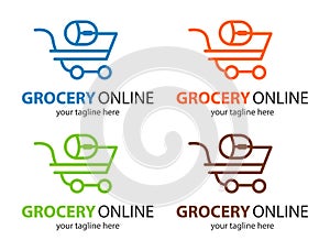 Grocery online logo. Supermarket delivery. Fresh food sign.  Fast Shopping concept vector. Four color mode