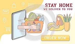 Grocery online shop order. Online store delivery.New Normal lifestyle.Stay home, we deliver.