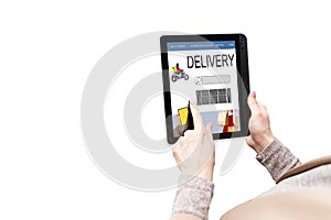 Grocery online shop to order food delivery from supermarket, woman hands using digital tablet for shopping grocery store