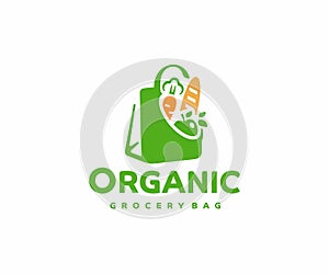 Grocery paper bag with food logo design.  Reusable produce bag with healthy vegan vegetarian food vector design