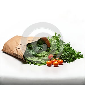Grocery paper bag overflowing with iron rich leafy greens with nutritious vegetables spilling out Food