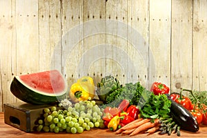 Grocery Produce Items on a Wooden Plank