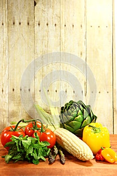 Grocery Produce Items on a Wooden Plank