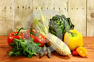 Grocery Produce Items on a Wooden Plank photo