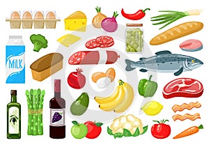 Grocery products. Food shopping vegetables, milk, meat, bread, cheese and fruits, healthy everyday meal groceries vector