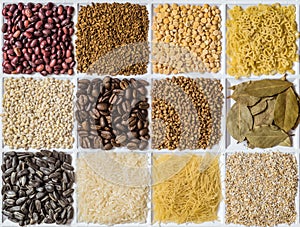 Grocery set: barley grits, vermicelli, rice, sunflower seeds, bay leafs, buckwheat, roasted coffee beans, pearl barley, figured