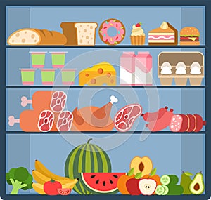 Grocery shelves. Food store assortment on refrigerator showcase, fruits and vegetables, milk and meat products, bread