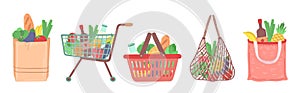 Grocery shop bag. Shopping food cart, delivery package from supermarket. Natural goods market basket with vegetable