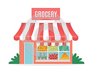 Grocery shop. Cartoon greengrocer store facade. Front view of isolated one-story building with awning and signboard