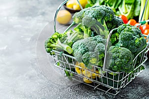 A grocery shopping basket filled with vibrant green broccoli heads among other fresh produce
