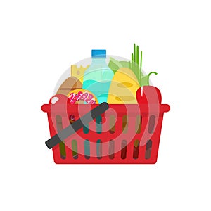 Grocery shopping basket vector illustration, full of healthy groceries products