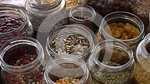 Grocery stock, food reserve. Glass Cereal Jars. Zero Waste Shopping. Shop in Bulk. Buying and Storage Food Package free