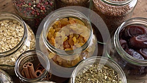 Grocery stock, food reserve. Glass Cereal Jars. Zero Waste Shopping. Shop in Bulk. Buying and Storage Food Package free