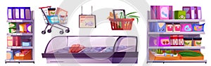 Grocery store aisle interior inside vector cartoon