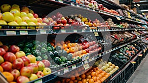 A grocery store aisle with many different fruits and vegetables, AI
