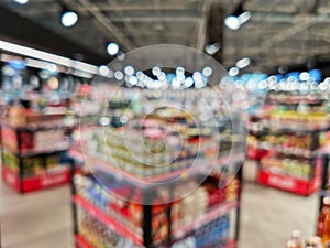 Grocery store blur bokeh background - shoppers at grocery store with defocused lights
