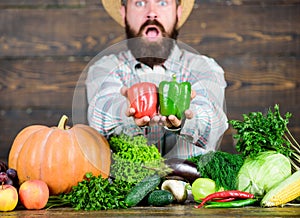 Grocery store. Buy vegetables local farm. Homegrown harvest concept. Typical farmer guy. Farm market harvest festival