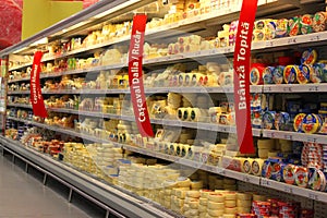 Grocery store cheese shelves