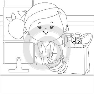 Grocery store employee at the supermarket counter filling a shopping bag with groceries. Vector black and white coloring page.