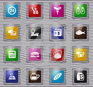 Grocery store glass icons set