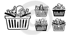 Grocery store icon. Shopping cart or basket full with food and drinks. Vector illustration