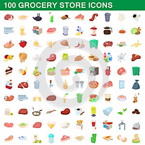 100 grocery store icons set, cartoon style
