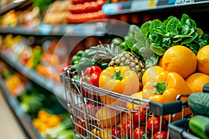 Grocery store isle full of produce with cart in front to put items in. Generative AI