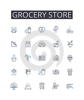 Grocery store line icons collection. Convenience store, Supermarket, Provision store, Corner shop, Market stall