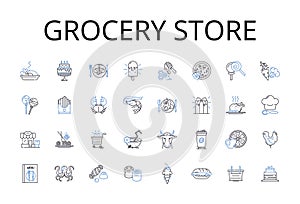 Grocery store line icons collection. Convenience store, Supermarket, Provision store, Corner shop, Market stall
