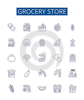 Grocery store line icons signs set. Design collection of Grocery, Store, Supermarket, Provisions, Fruits, Vegetables