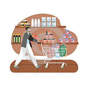 Grocery store. Man with shopping trolly full of food products, flat vector illustration.