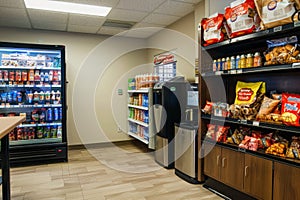 A grocery store packed with various food items, shelves filled to the brim, customers navigating aisles, A break room stocked with photo