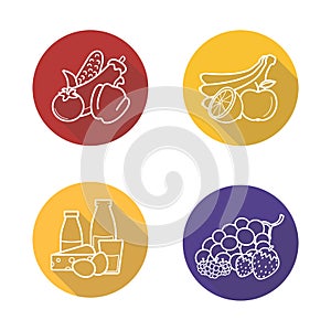 Grocery store products flat linear long shadow icons set