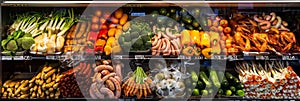 A grocery store shelf with colorful vegetables and sausages, captured in a panoramic view with a Canon EOS R5 camera