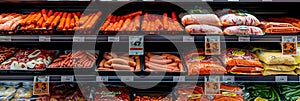 A grocery store shelf displays various sausage products, including plain sausages and hot dogs in plastic packaging with price