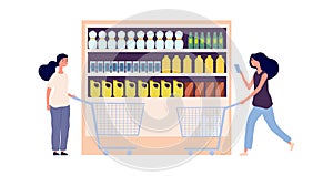 Grocery store shelf. Women with carts, food and related products. Flat customers or shoppers in supermarket vector