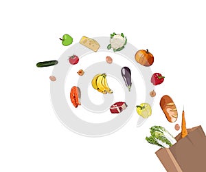 Grocery store shopping cart. Family diet food splash banner, Vector illustration. Vegetables, fruit, meat and diary assortment in