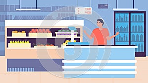 Grocery store shopping. Retail store interior and young cashier. Supermarket assistant, hypermarket sales service vector photo