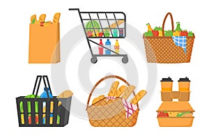 Grocery store, shopping trolley, basket with food