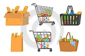 Grocery store, shopping trolley, basket with food