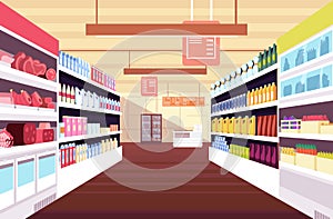 Grocery supermarket interior with full product shelves. Retail and consumerism vector concept